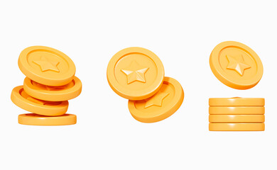 3D Golden coin stack. Pile of money with star sign. Element for game. Mobile ui design for application. Cartoon creative design icon collection isolated on white background. 3D Rendering