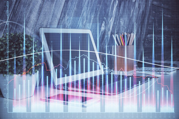 Poster - Financial graph colorful drawing and table with computer on background. Double exposure. Concept of international markets.
