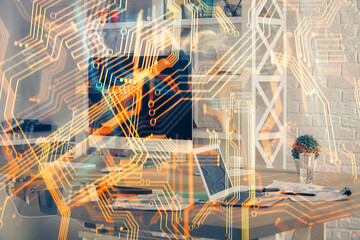 Poster - Computer on desktop in office with technology theme hologram. Multi exposure. Tech concept.