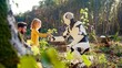 © ihorvsn - Caucasian father, son and humanoid planting tree together in garden or park. Handome man with small cute child and robot plant seedling of trees. Outside. Family with android working together.
