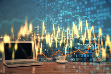 Poster - Financial graph colorful drawing and table with computer on background. Double exposure. Concept of international markets.