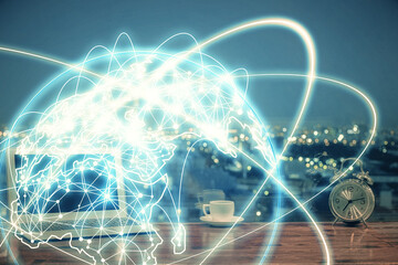 Poster - Multi exposure of business theme icons and table with computer background. Concept of success.