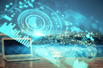 Aufkleber - Multi exposure of business theme icons and table with computer background. Concept of success.