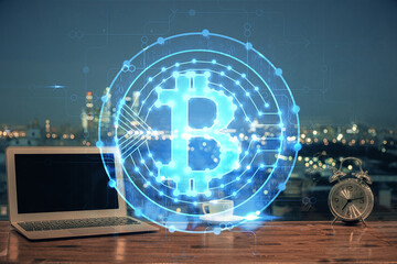 Poster - Multi exposure of blockchain theme hologram and table with computer background. Concept of bitcoin crypto currency.