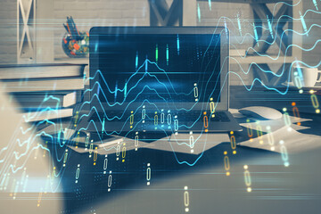 Poster - Financial graph colorful drawing and table with computer on background. Double exposure. Concept of international markets.
