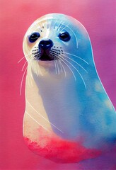 Funny adorable portrait headshot of cute harbor seal. North American water animal standing facing front. Looking to camera. Watercolor imitation illustration. AI generated vertical artistic poster.