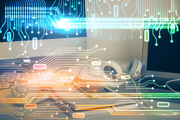 Poster - Technology theme drawing and work space with computer. Multi exposure. Concept of innovation.