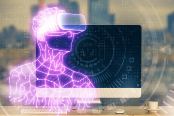 Poster - Computer on desktop with AR theme icon. Multi exposure. Concept of augmented reality.