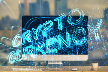 Poster - Multi exposure of blockchain theme hologram and table with computer background. Concept of bitcoin crypto currency.