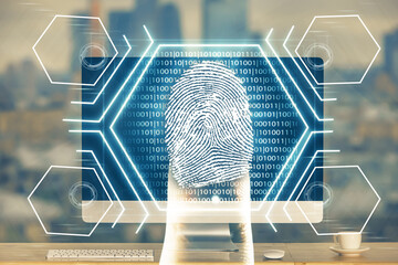 Aufkleber - Computer on desktop in office with finger print drawing. Double exposure. Concept of business data security.