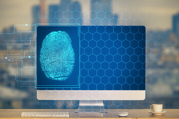 Aufkleber - Computer on desktop in office with finger print drawing. Double exposure. Concept of business data security.