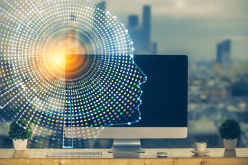Aufkleber - Double exposure of table with computer and brain hologram. Data innovation concept.