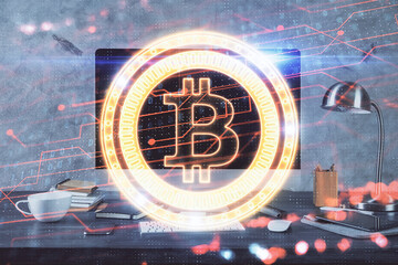 Aufkleber - Multi exposure of blockchain theme hologram and table with computer background. Concept of bitcoin crypto currency.