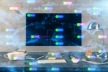 Poster - Technology theme drawing and table with computer. Double exposure. Concept of information.