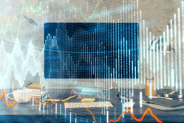 Aufkleber - Financial graph colorful drawing and table with computer on background. Double exposure. Concept of international markets.