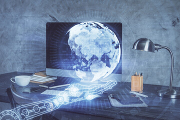 Poster - Multi exposure of table with computer and world map hologram. International data network concept.