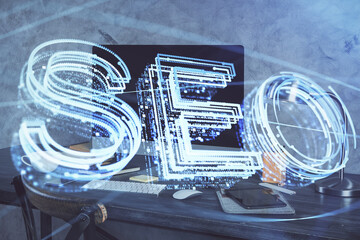 Aufkleber - Multi exposure of table with computer and seo drawing hologram. Search optimization concept.