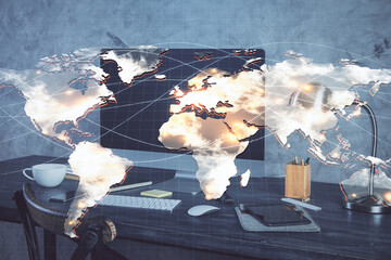 Poster - Multi exposure of business theme icons and table with computer background. Concept of success.
