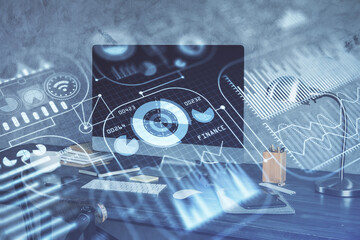 Poster - Computer on desktop in office with technology theme hologram. Multi exposure. Tech concept.