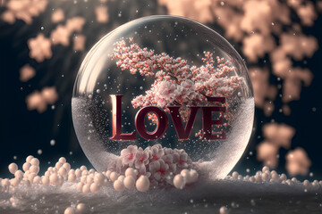 Wall Mural - word love in crystal bubble with cherry blossoms, valentines background , Generative AI
