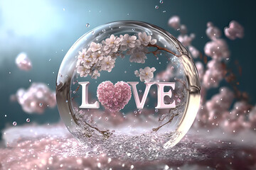 Wall Mural - word  love in  crystal bubble with  cherry blossoms, valentines background , Generative AI