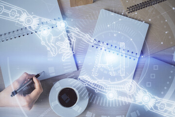 Poster - Multi exposure of woman's writing hand on background with data technology hud. Concept of innovation.