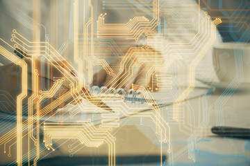 Aufkleber - Technology theme hologram over woman's hands taking notes background. Concept of Tech. Double exposure