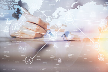 Poster - Social network theme hologram over hands taking notes background. Concept of global international people connect. Double exposure