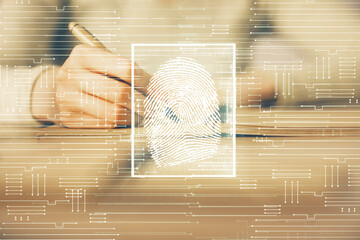 Aufkleber - Blue fingerprint hologram over woman's hands taking notes background. Concept of protection. Double exposure