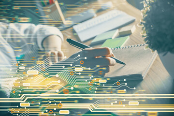 Poster - Multi exposure of woman's hands on background with technology and digital coding icons. Data development concept.