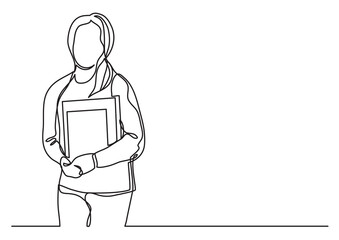 Poster - continuous line drawing female student standing with books - png image with transparent background