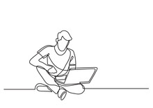 Continuous Line Drawing Man Sitting With Laptop - PNG Image With Transparent Background