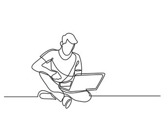 Poster - continuous line drawing man sitting with laptop - png image with transparent background