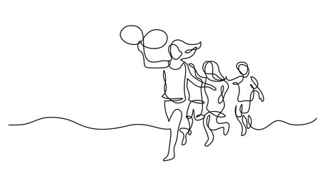 Wall Mural - continuous line drawing of happy children running on beach with balloons - PNG image with transparent background