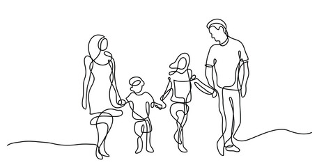 Wall Mural - continuous line drawing of happy family walking together on sunny summer day - PNG image with transparent background