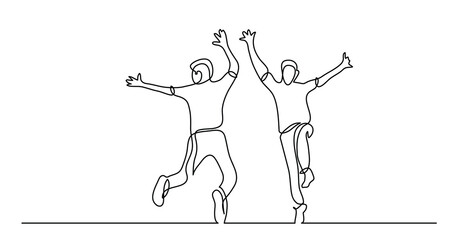 Sticker - continuous line drawing of two happy boys having fun on beach - PNG image with transparent background