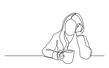 Leinwandbilder - continuous line drawing sitting dreaming woman with cup of tea - PNG image with transparent background