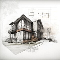 Architectural sketch of a new double storey modern house. Painting of a house sketch. Technical draw of modern two storey house. Generative AI