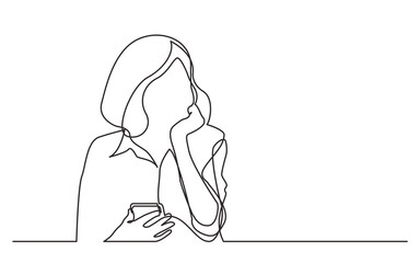 Poster - continuous line drawing thinking woman holding cell phone - png image with transparent background