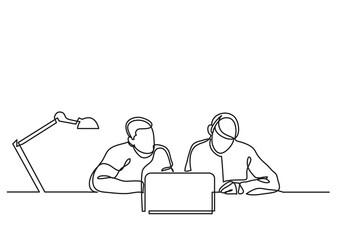Leinwandbilder - continuous line drawing two co workers working together with laptop - PNG image with transparent background