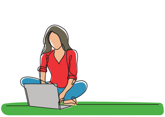 Poster - continuous line drawing woman with laptop colored - png image with transparent background