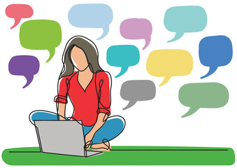 Poster - continuous line drawing woman with laptop speech bubbles colored - PNG image with transparent background