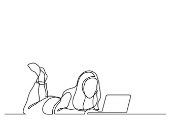 Leinwandbilder - one line drawing woman lying with laptop - PNG image with transparent background
