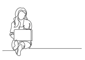 one line drawing woman sitting with laptop computer - PNG image with transparent background