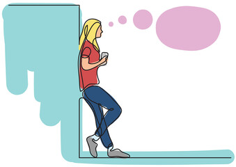 Poster - single line drawing young woman standing thinking colored colored - png image with transparent backg