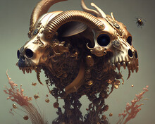 Skull Dog With Horns, Golden, Skeleton, Abstract,