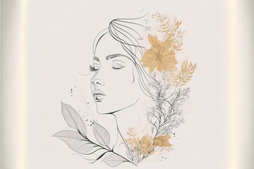 Sticker - Elegant Feminine Beauty Logo. Abstract face with plants by one line drawing. Portrait minimalistic style. AI