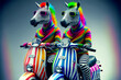 two zebras smiling while driving scoters with psychedelic design