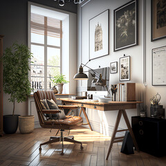 Wall Mural - Home office desk workspace with laptop, big windows Modern loft Scandinavian interior design concept. Freelancer's workspace. Generative AI