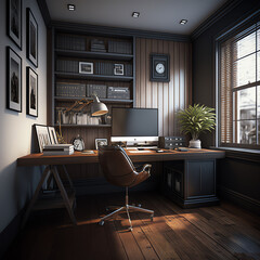 Wall Mural - Home office desk workspace with laptop, big windows Modern loft Scandinavian interior design concept. Freelancer's workspace. Generative AI